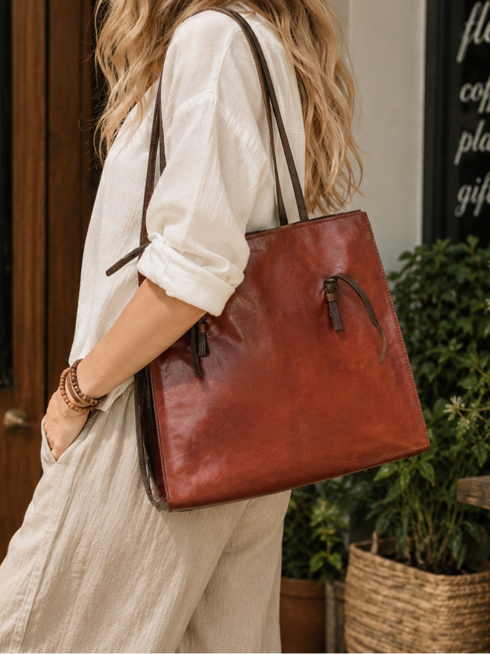 Francesco Biasia Genuine Leather Shoulder Bag Cognac Brown Made in Slovenia EUC